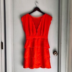 Electric Orange Urban Outfitters Mesh Deep V dress with scalloped detail